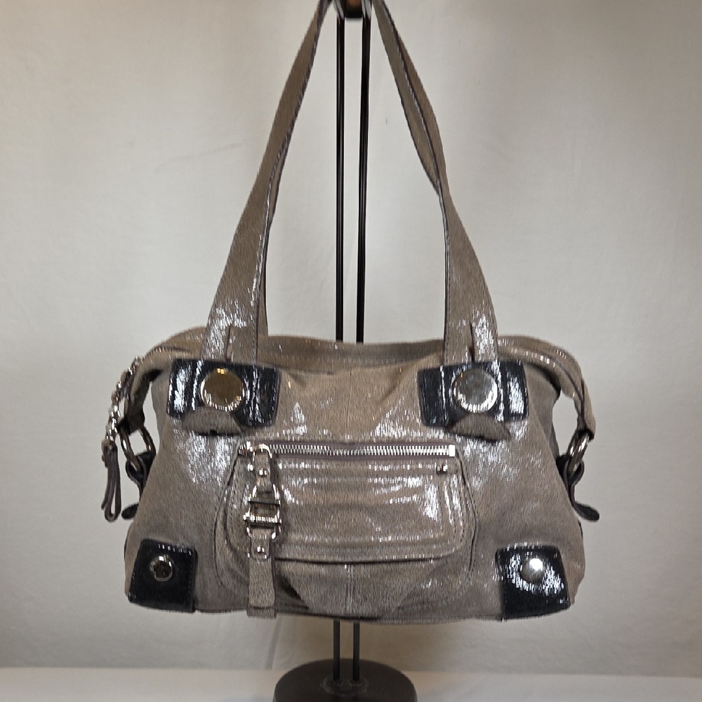B. Makowsky Silver Taupe And Black Leather Shoulder Bag Satchel